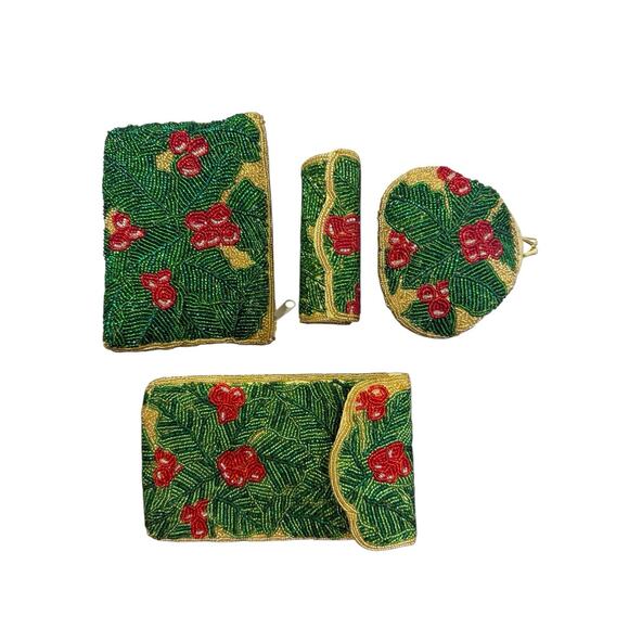 Vintage Nieman Marcus Beaded coin kiss lock lipstick zipper pouch set 4pc - Picture 1 of 5